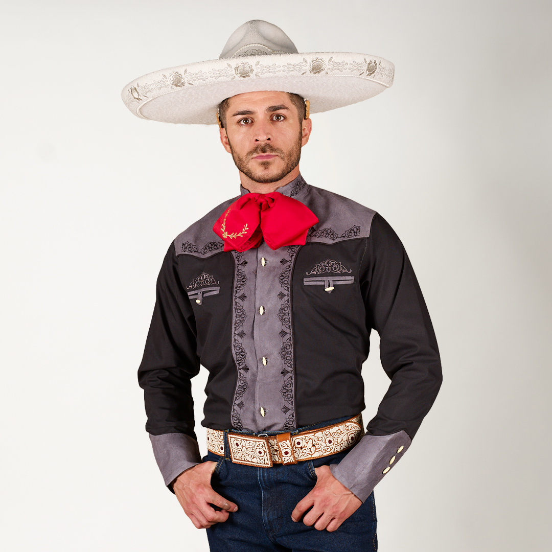 CAMISA CHARRA NEGRA/GRIS BORDADO ARGEN