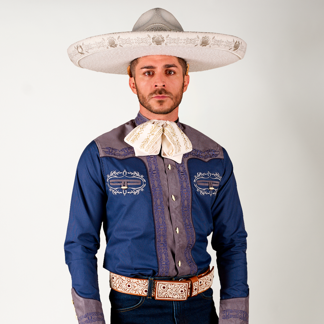CAMISA CHARRA AZUL/GRIS BORDADO ESPUELA