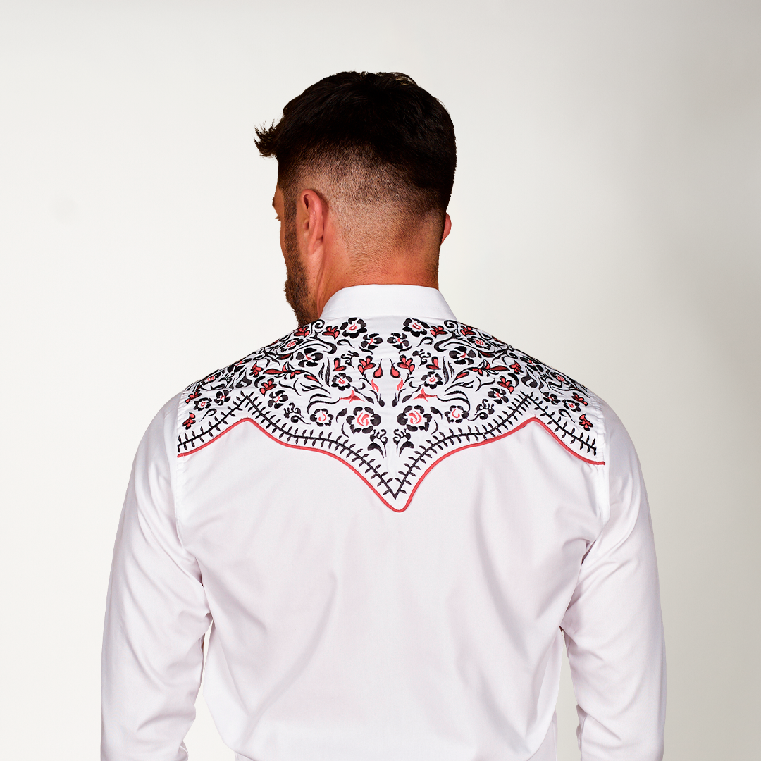 CAMISA BLANCA BORDADO FLOR ZIZU ROJO Y NEGRO