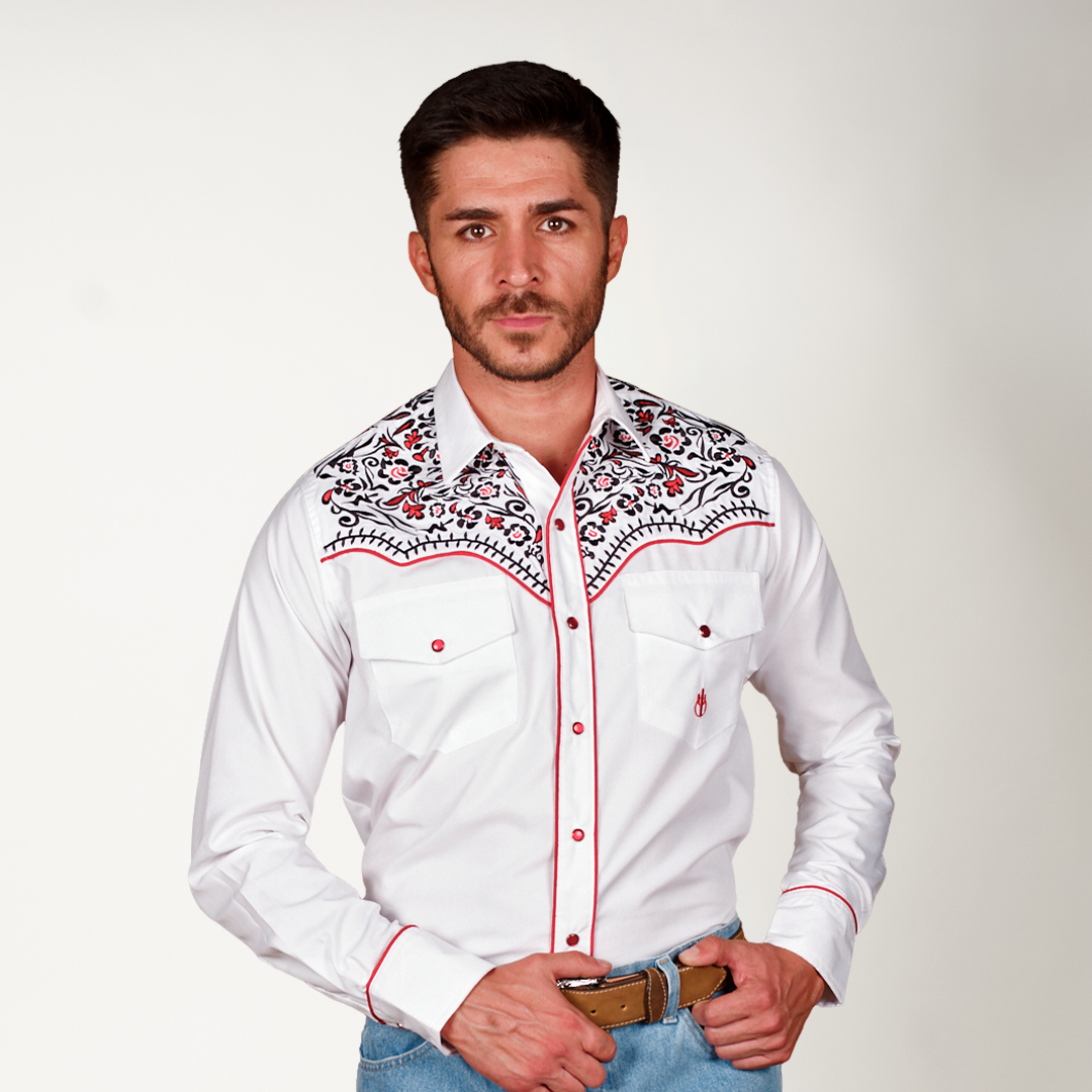 CAMISA BLANCA BORDADO FLOR ZIZU ROJO Y NEGRO