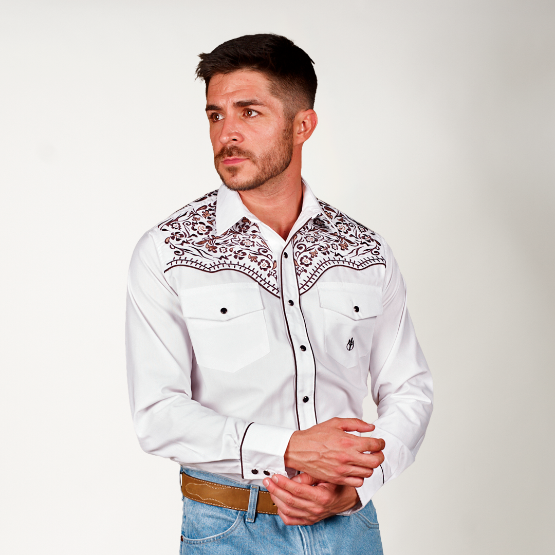 CAMISA BLANCA BORDADO FLOR ZIZU ROJO Y NEGRO