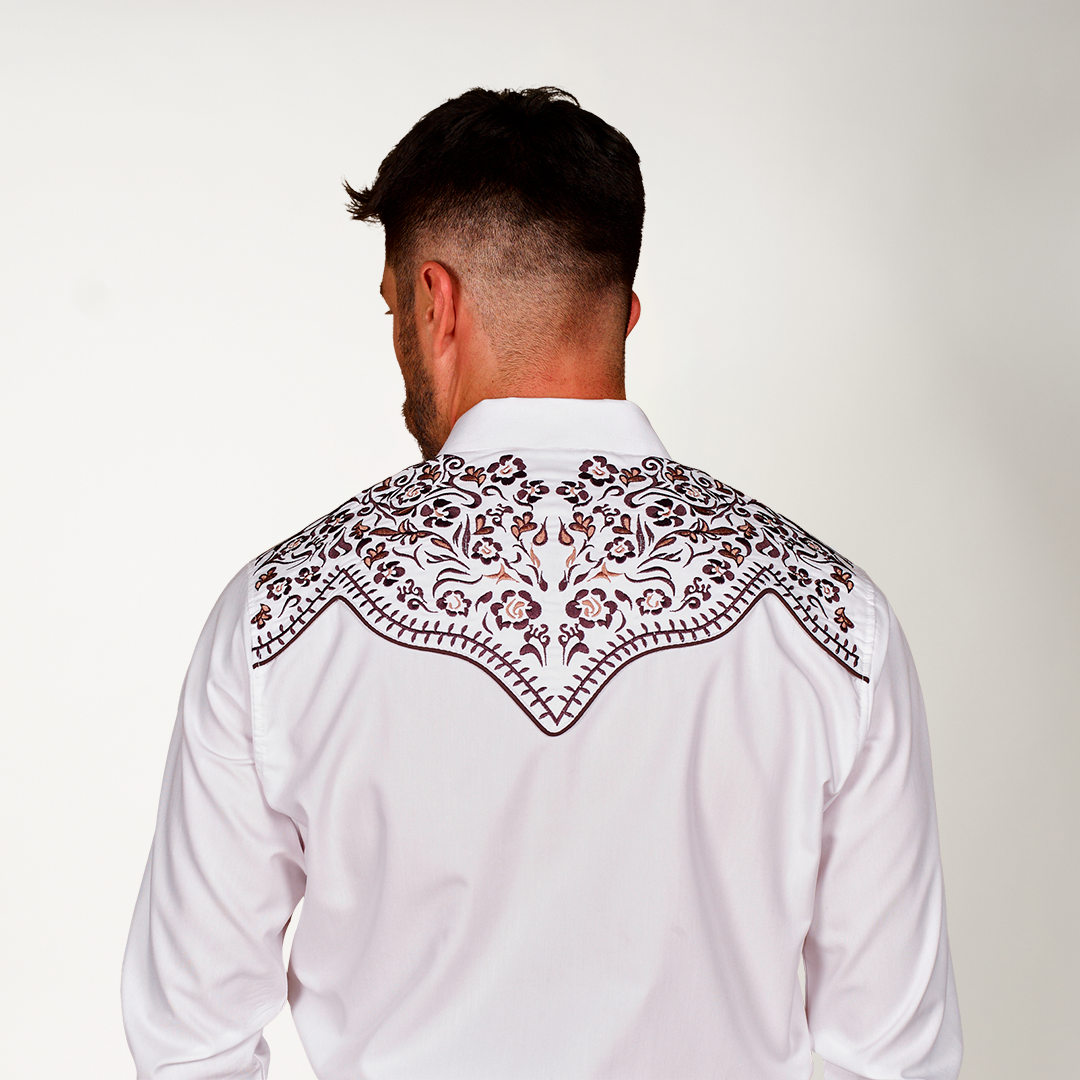 CAMISA BLANCA BORDADO FLOR ZIZU ROJO Y NEGRO